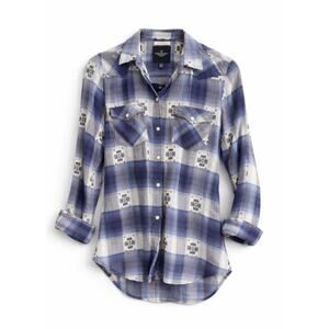 American Eagle Blue Plaid Pearl Snap Western Cowboy Cowgirl Shirt Boho Small